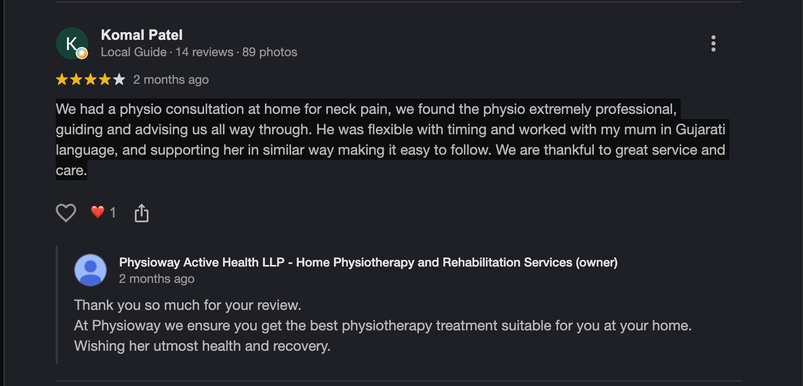 Google review screenshot from Komal Patel