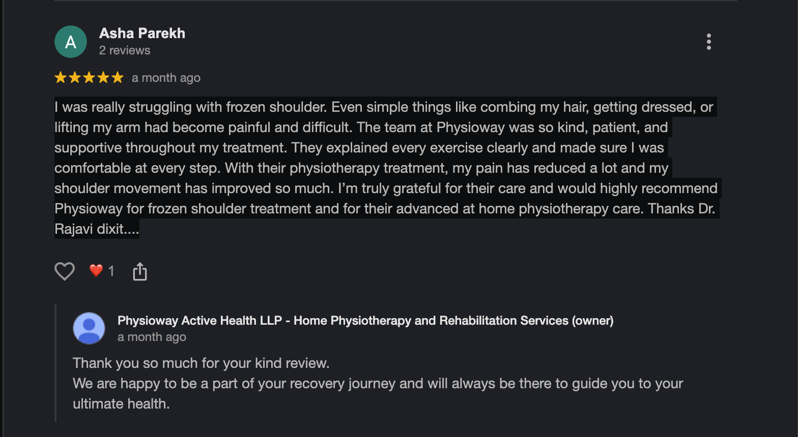 Google review screenshot from Asha Parekh