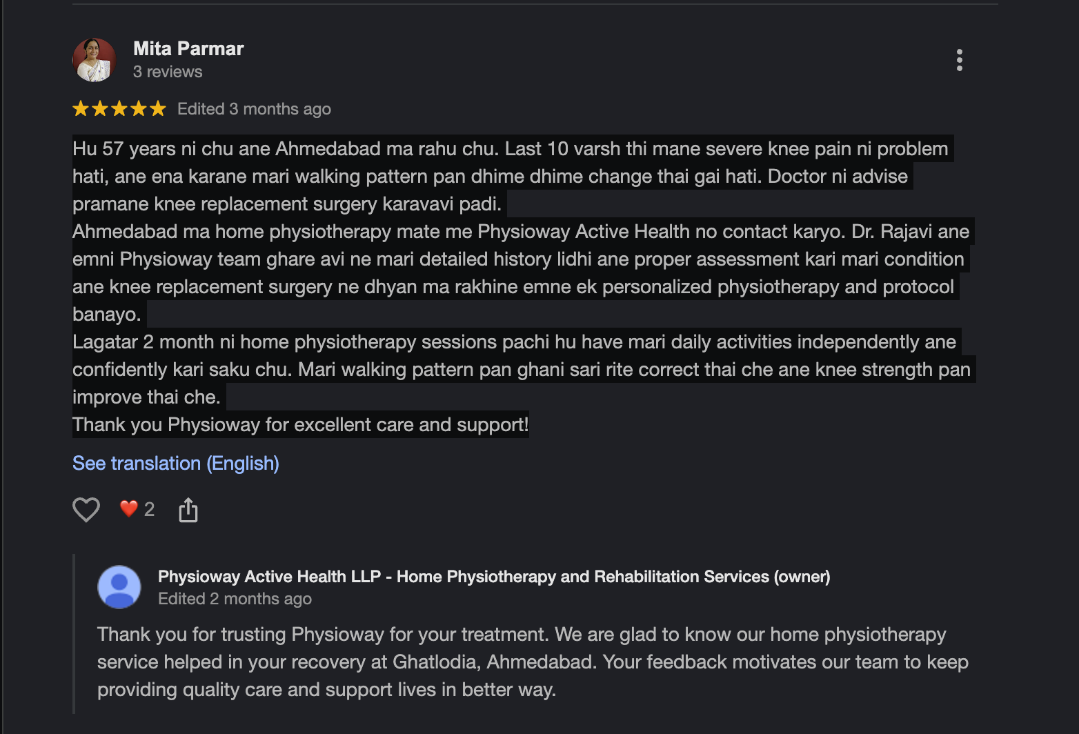 Google review screenshot from Mita Parmar